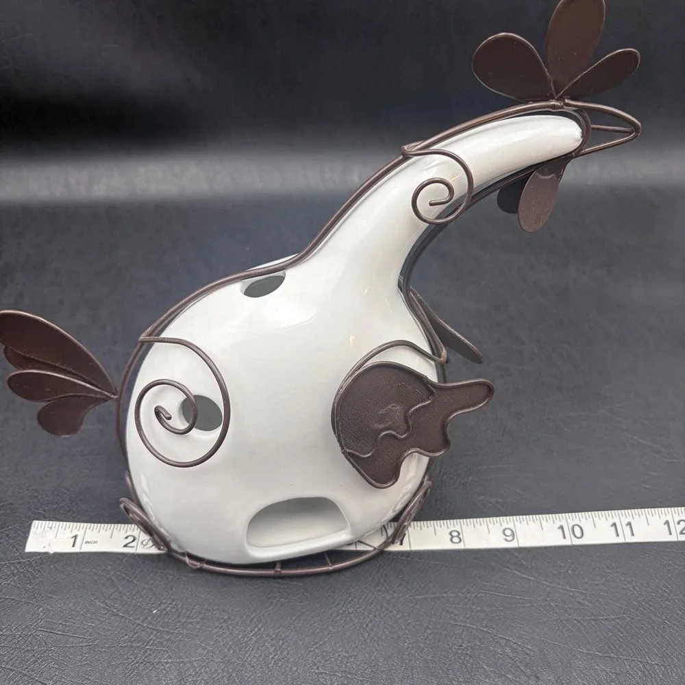 White Ceramic Chicken Tea Light Holder Brown Wire Frame Farmhouse Decor 11in
